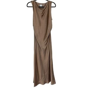 Women's Joie Brown Sleeveless Drape Neck Ruched Sides Long Satin Dress Size XL